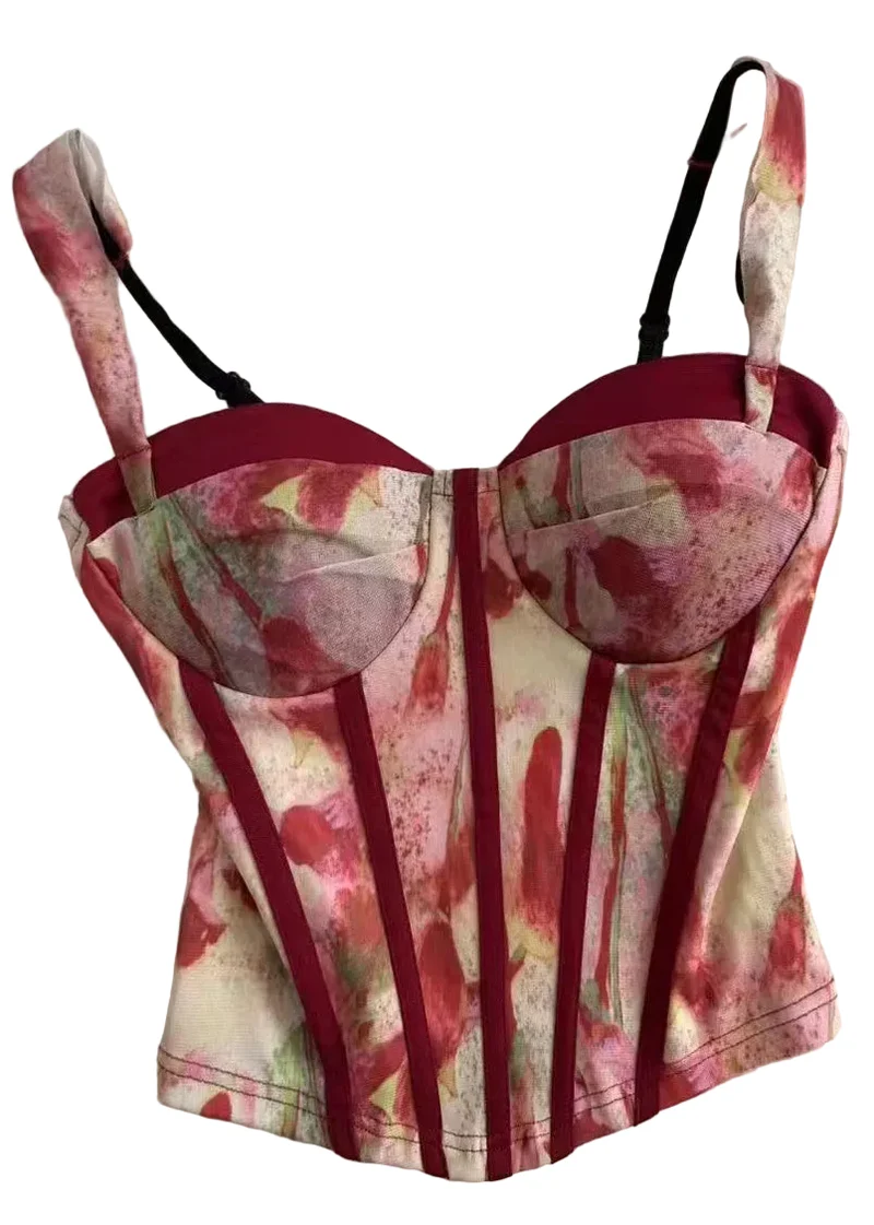Dam Röd Bustier Topp med Tryck och Tyll för Festliga Tillfällen