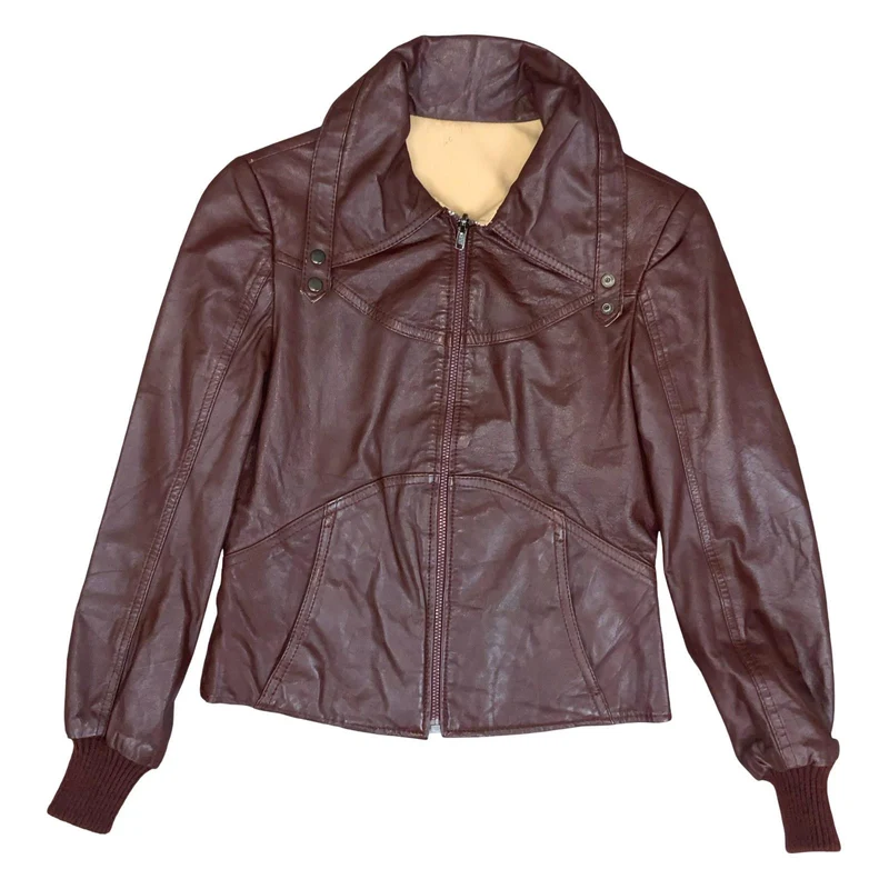 VTG 70s 80s SLIT END LTD BURGUNDY CREAM REVERSIBLE CROPPED LEATHER JACKET SMALL