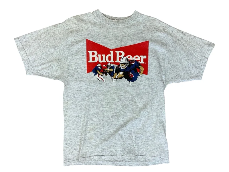 VTG 90s SINGLE STITCH BUDWEISER BUD BEER AMERICAN FOOTBALL T SHIRT MED/LARGE