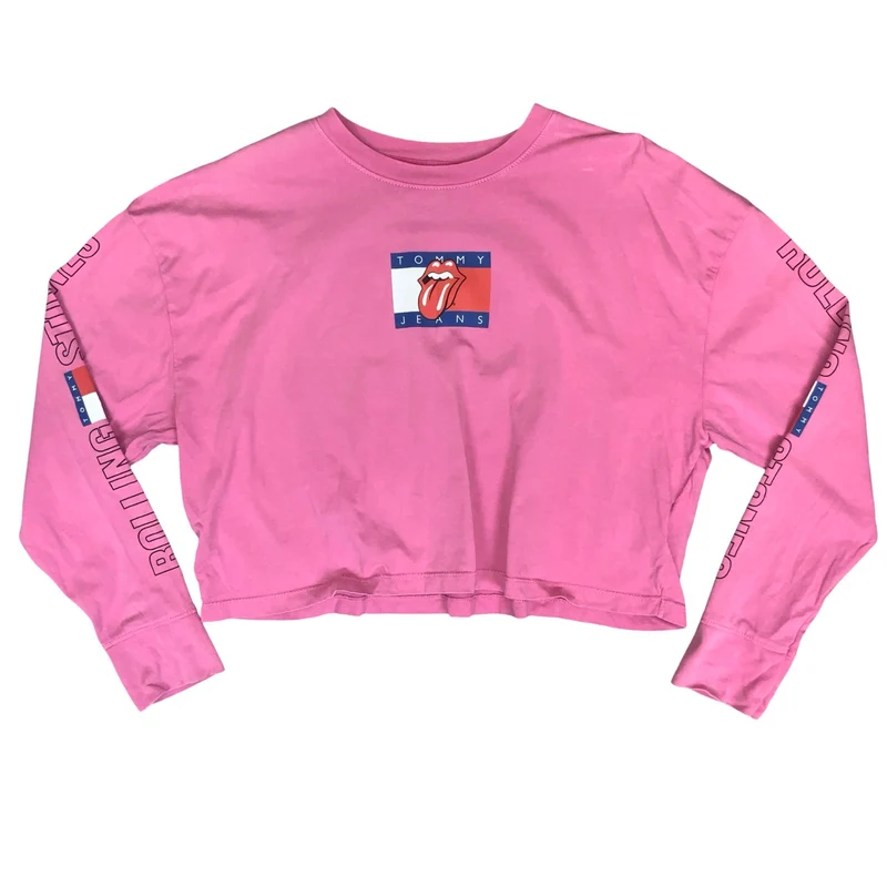 90s 'TOMMY JEANS' PINK THE ROLLING STONES GRAPHIC CROPPED LONG SLEEVE T-SHIRT L