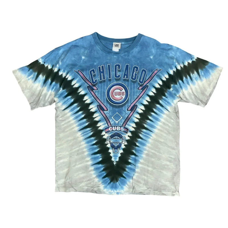 90s 'LEE SPORT' MLB CHICAGO CUBS BASEBALL BLUE GREY TIE-DYE RETRO T-SHIRT 2XL