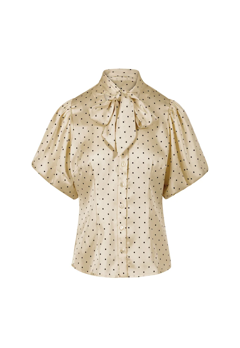 Blouse with ribbon collar - Beige dot