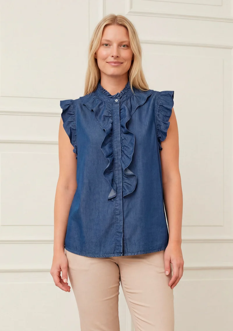Ganja Flounce Top - Dark Denim Wash