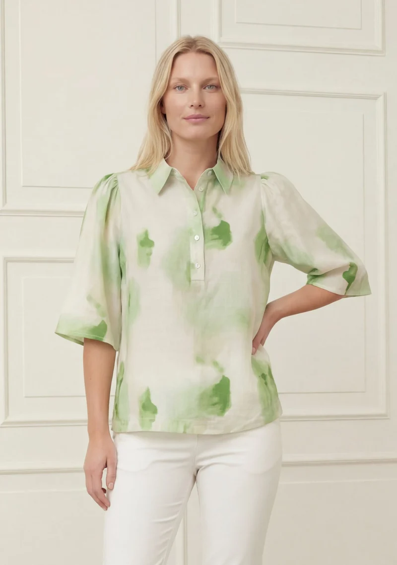 Ane Placket Blouse - Green Watercolor
