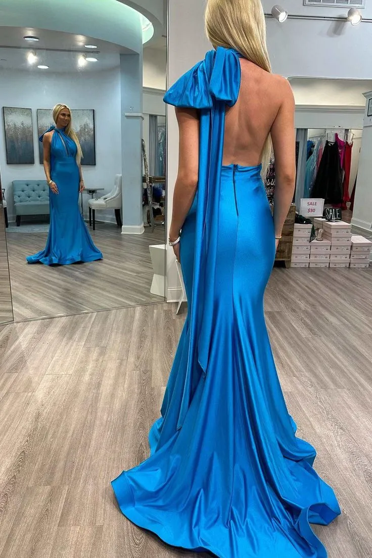 Kungsblå Satin Halter Backless Sjöjungfru Aftonklänning Formell Klänning