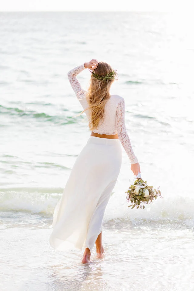 Summer Flowy Beach Lace Crop Top Chiffongkjol Tvådelad bröllopsklänning