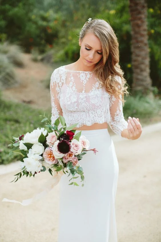 Flowy Boho Spets Crop Top Mermaid Chiffong kjol Tvådelad Bröllopsklänning