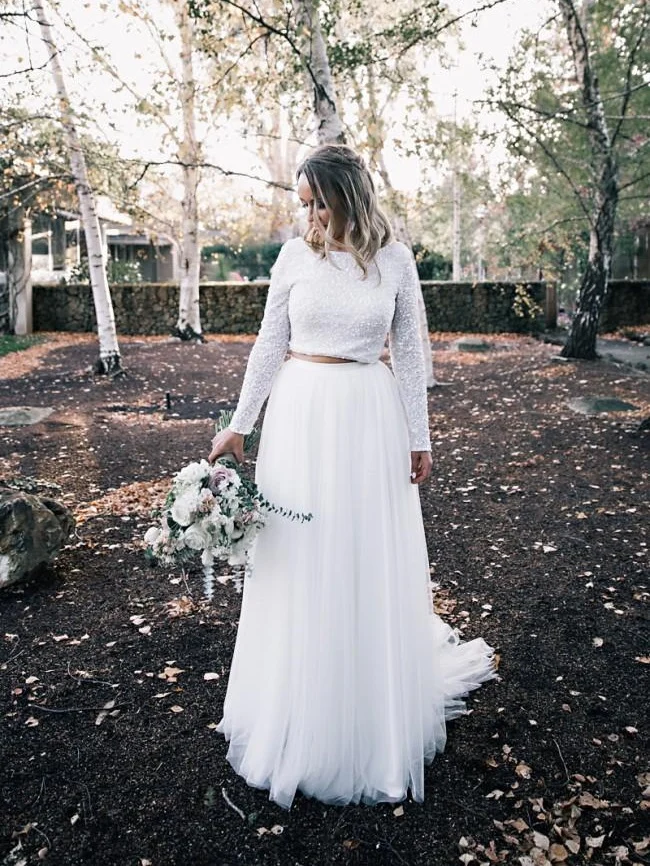 Modest Långärmad Bröllopsklänning Bröllop Tyll Kjol och Top Bridal Separations