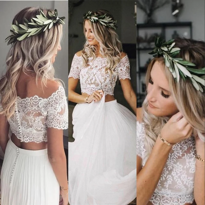 Casual Flowy Kortärmad Spets Crop Top Tvådelad Bröllopsklänning Brudklänning Separerar