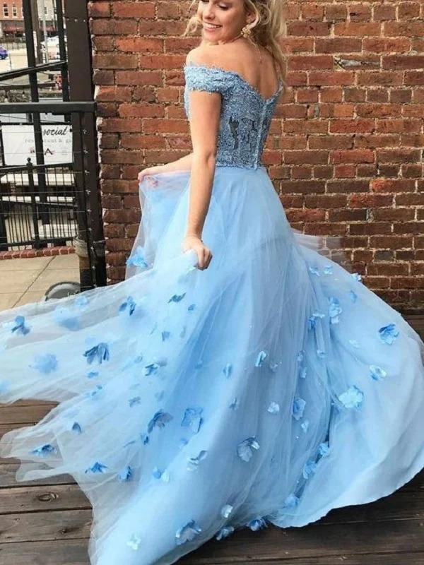 Blå Pretty Off the Shoulder Lace Tvådelad lång balklänning med 3D-blommor