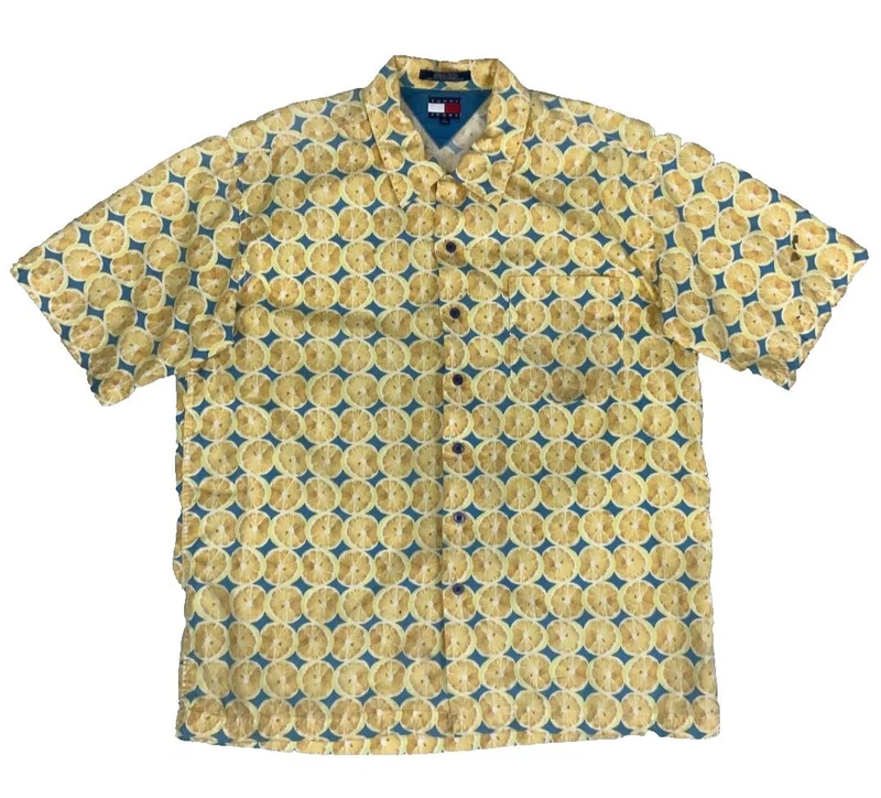 VTG 80S 90S TOMMY JEANS YELLOW BLUE LEMON SHORT SLEEVED SHIRT XL