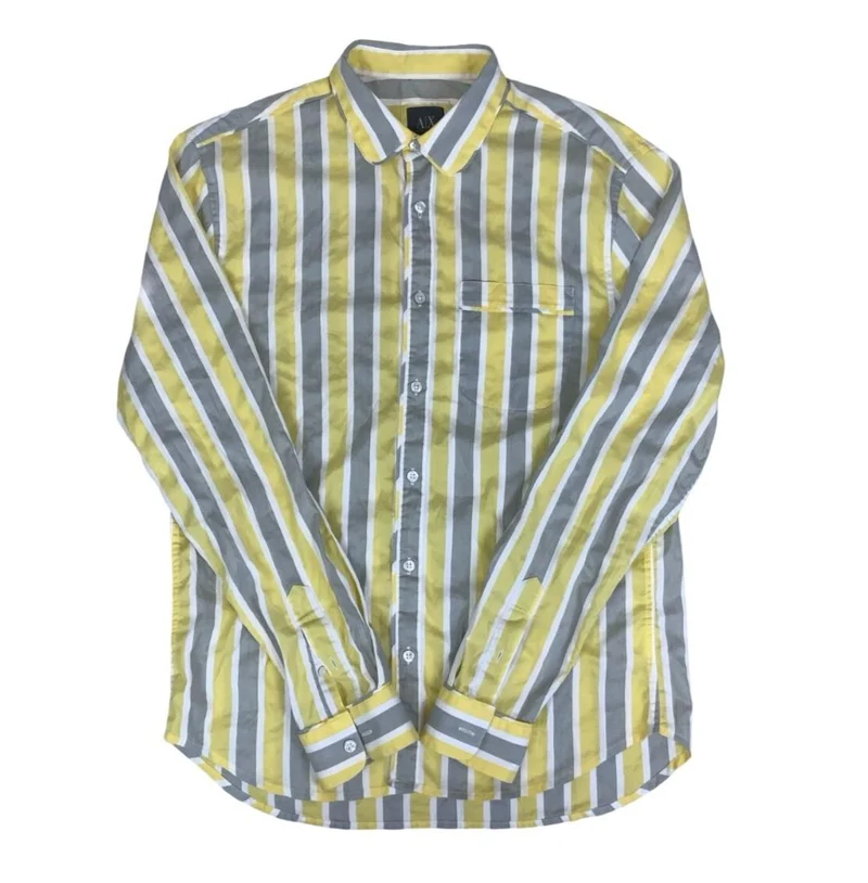 VTG ARMANI EXCHANGE ITALIAN YELLOW GREY WHITE STRIPED DESIGNER SHIRT M