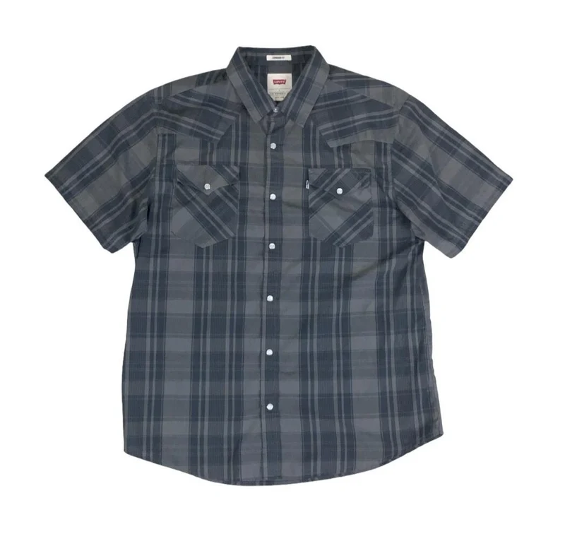 VTG 90S LEVI'S GREY CHECKED SHORT SLEEVED SNAP BUTTON SHIRT M