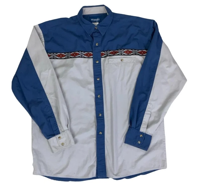 VTG 90S Y2K WRANGLER BLUE WHITE EMBROIDERED WESTERN LONG SLEEVED SHIRT XL