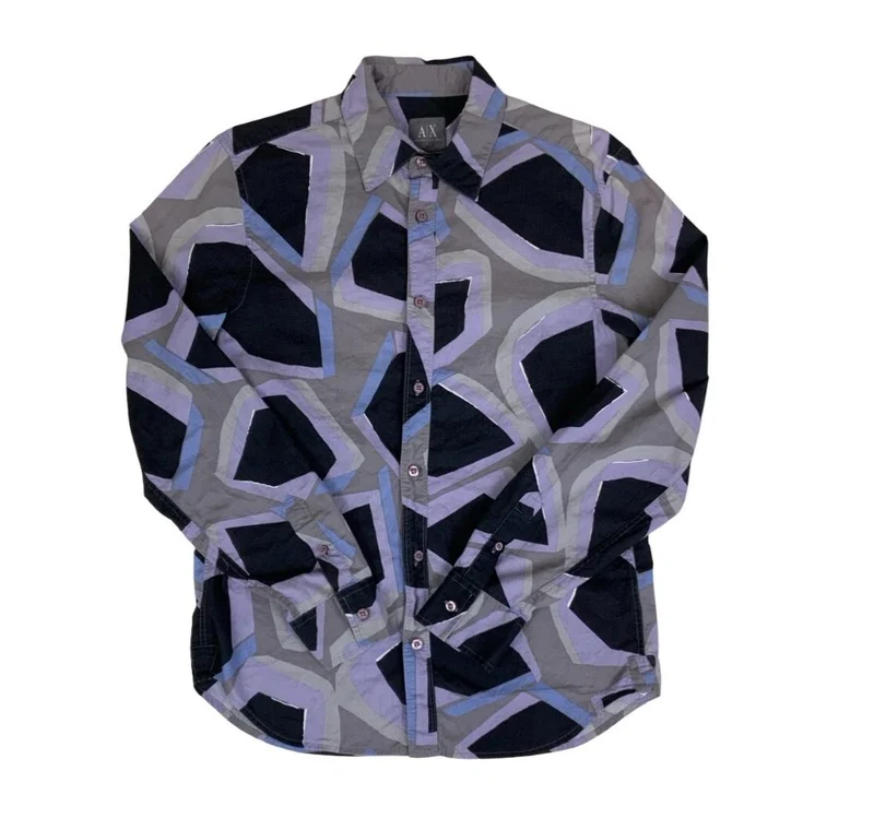 VTG ARMANI EXCHANGE CASUAL BOTTON DOWN GEOMETRIC PURPLE GREY BLACK SMALL