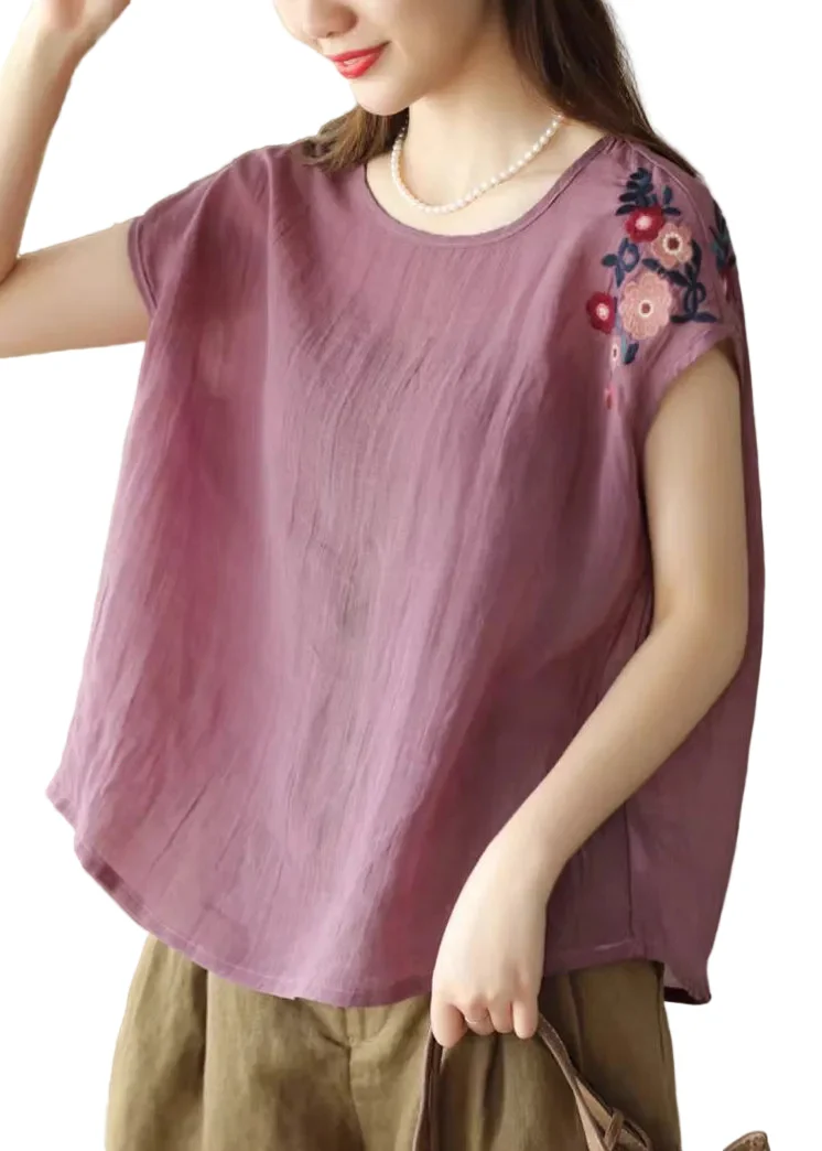 Damlinne O-hals Broderad Plus Size Sommarstil