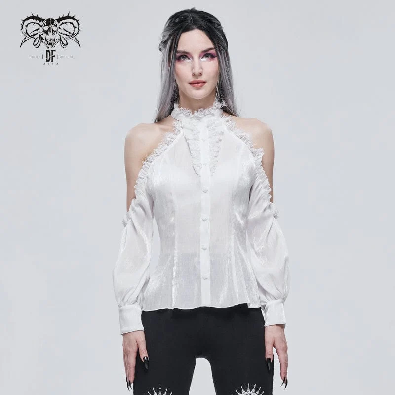 Gothic Strappy Off Shoulder Spets Fåll vit skjorta för kvinnor