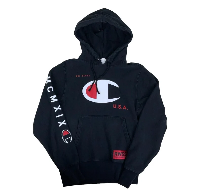 VTG 90S CHAMPION BLACK GRAPHIC HOODIE OVERSIZED SMALL