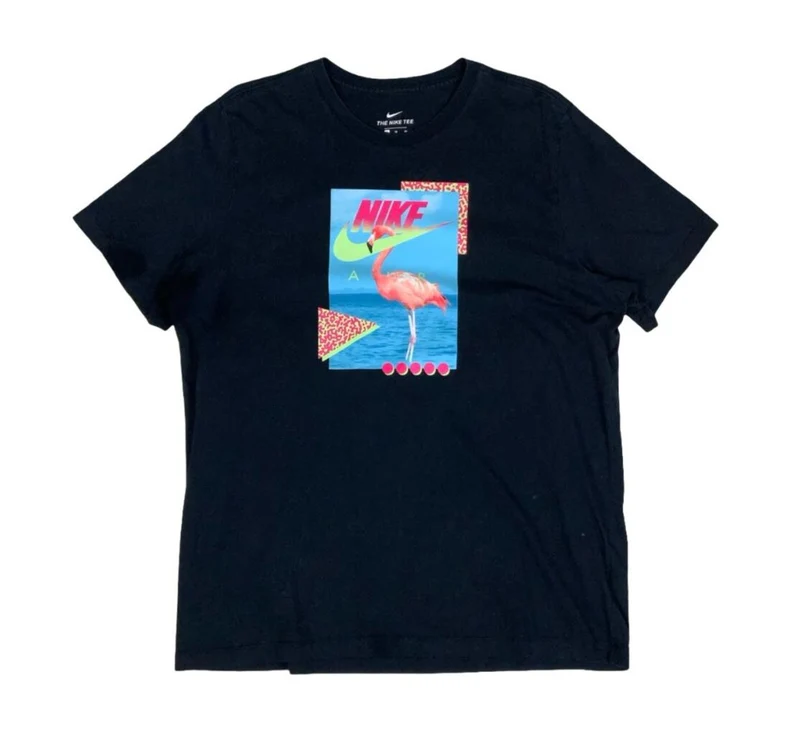 NIKE TEE BLACK SPORTSWEAR BEACH FLAMINGO NEON GRAPHIC T-SHIRT LARGE