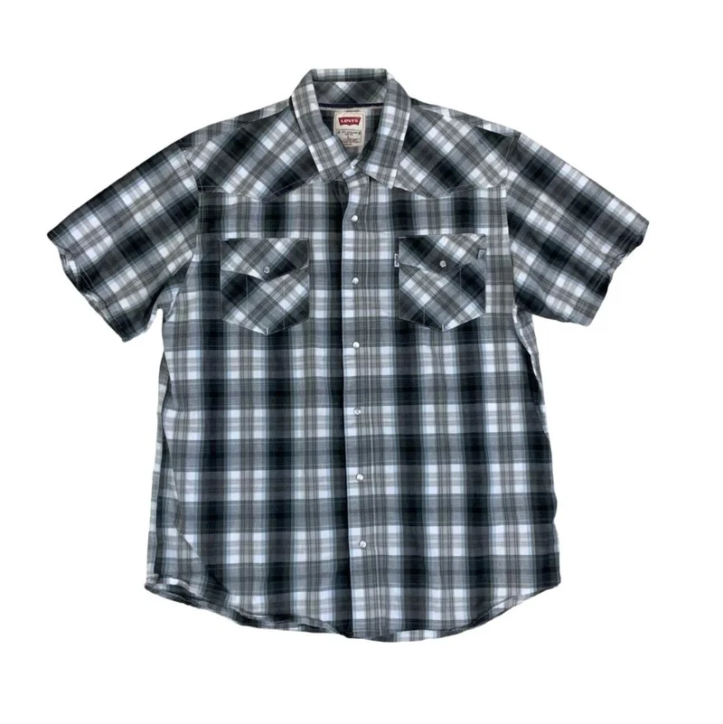 90S LEVI'S GREY BLUE WHITE STRIPE PEARL SNAP WESTERN SHIRT MEDIUM 43"