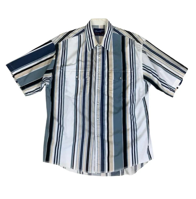 VTG 90S WRANGLER WHITE BLUE STRIPED PEARL SNAP WESTERN SHIRT LARGE 46"