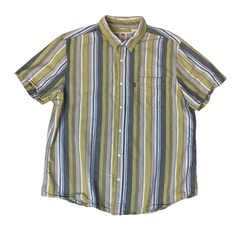 VTG LEVI'S YELLOW BLUE BEIGE STRIPED SHORT SLEEVED CASUAL SHIRT LARGE 47"