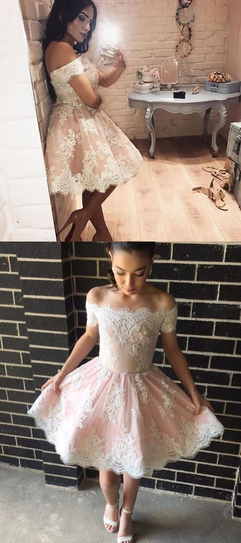 Kort Rosa Off Shoulders Spets Balklänning | Kort hemkomstklänning