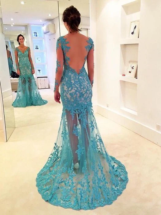 Turkos balklänning Spets balklänning Sjöjungfru balklänning Backless Prom Fress,MA183