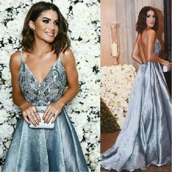 Dusty Blue Backless Rhinestone Bead Spaghetti Straps Balklänning