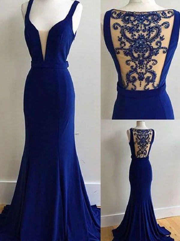 Royal Blue Deep V Unik balklänning med hovtåg MA175