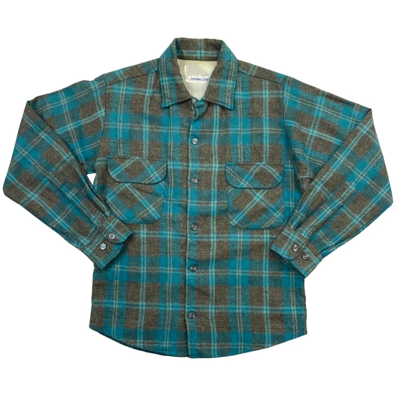 VTG 60s USA BLUE WOOL BOARD SHIRT CHECK PLAID ROCKABILLY BEACH BOYS S 38” (36)
