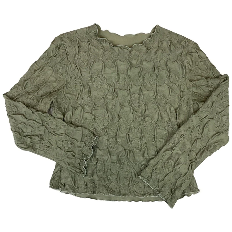 Vintage Y2K Khaki Green Popcorn Style Long Sleeve Lettuce Hem Top 10 12 S M