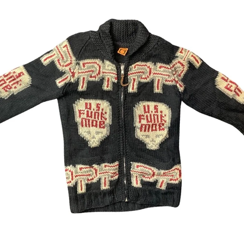 VTG WOOL SKULL CARDIGAN NATIVE AMERICAN CANADIAN KNIT ROCKABILLY 40” (38) M
