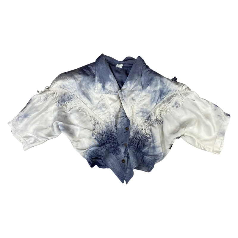 Vintage 80s 90s White Blue Tie-Dye Tasseled Western Cropped Shirt Blouse 10