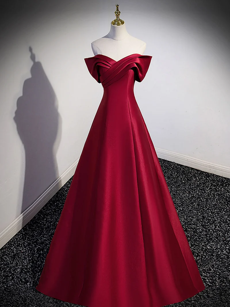 Off The Shoulder Röd Satin Formell Klänning Balklänning