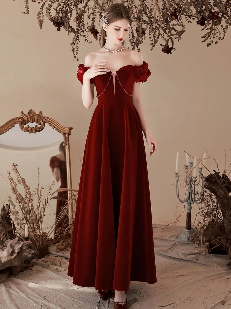 Delikat Maroon Velvet Off The Shoulder Prom Dress Graduation Dress