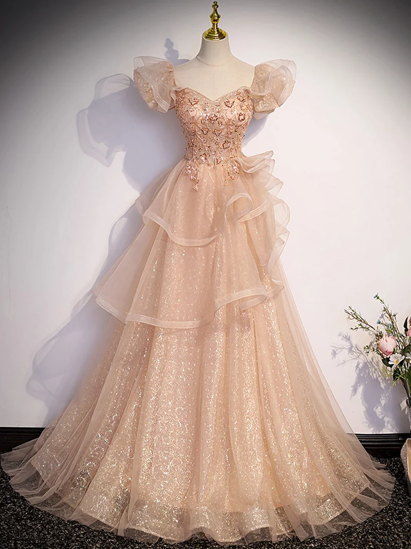 Söt Asymmetrisk Queen Anne Neck Champagne Spets Balklänning