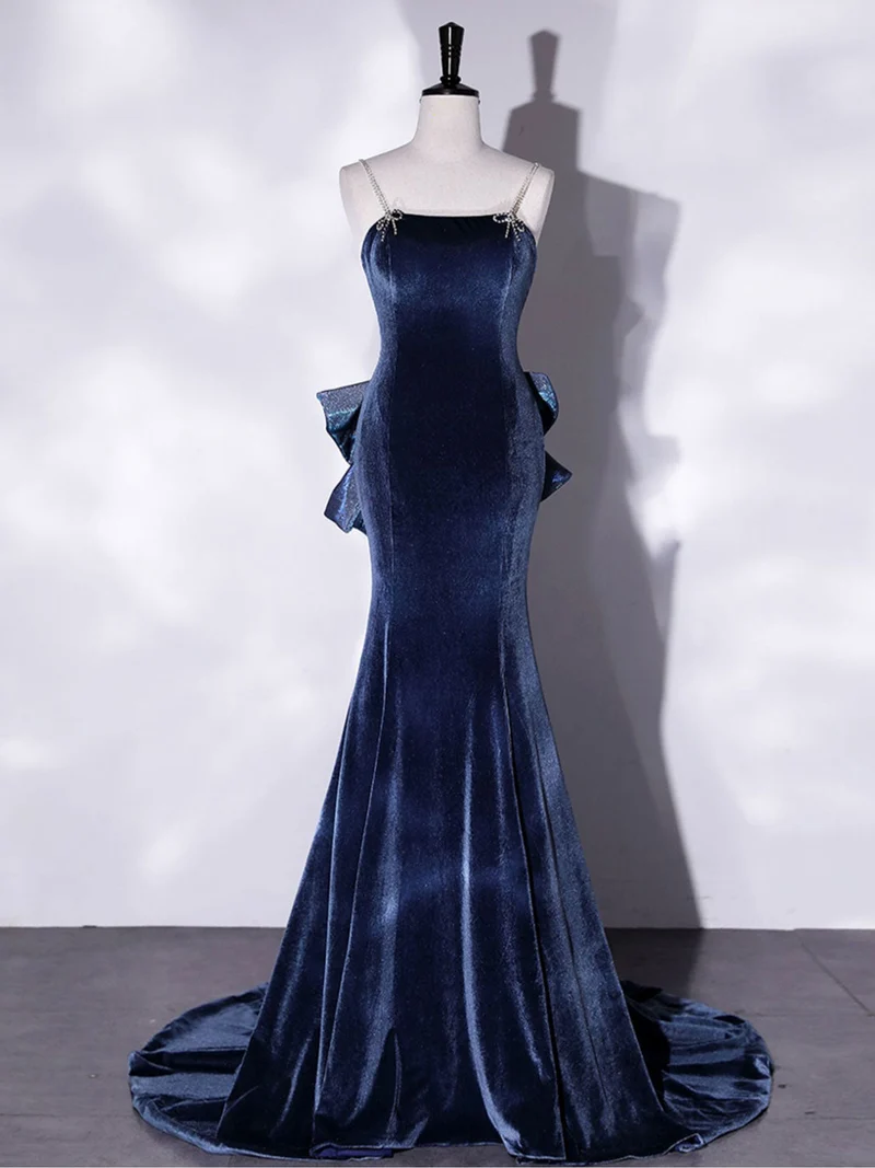 Spaghetti Strap Blue Velvet Mermaid Balklänning med stor rosett rygg