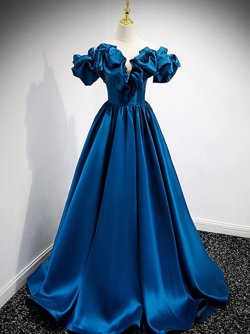 Blue Bubble Off The Shoulder A-line Evening Dress Balklänning
