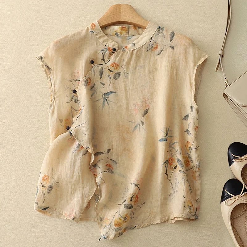 Emma | Vintage Blus med Blommönster och Mandarinfärgad Halsringning