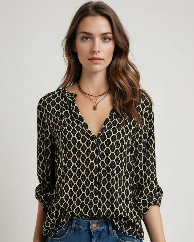 Emma | Elegant V-ringad Blus med Geometriskt Tryck