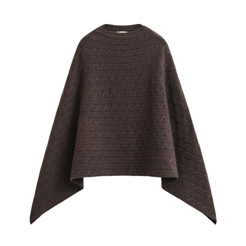 Wool Cable Poncho - Deep Brown