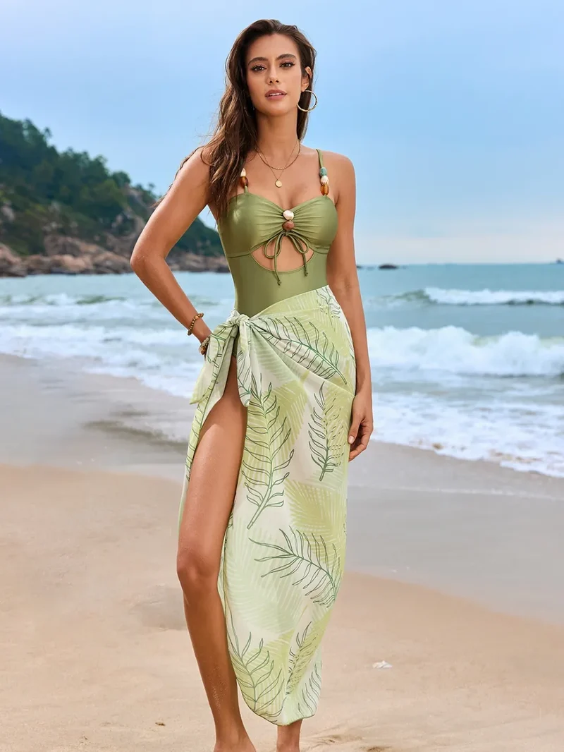 Cutout Sweetheart Neck One-Piece Badkläder och Cover-Up Swim Set
