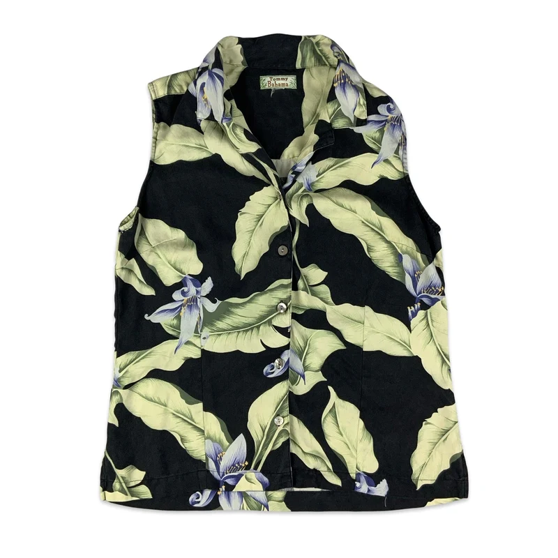 80s Black Purple & Green Floral Sleeveless Blouse