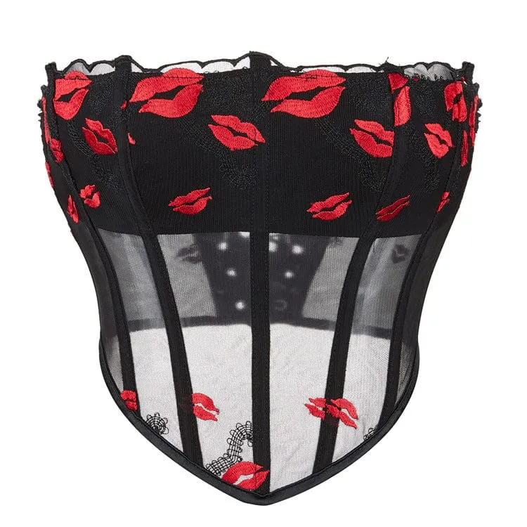 Gothic Lip Printed Mesh Overbust Korsett för kvinnor