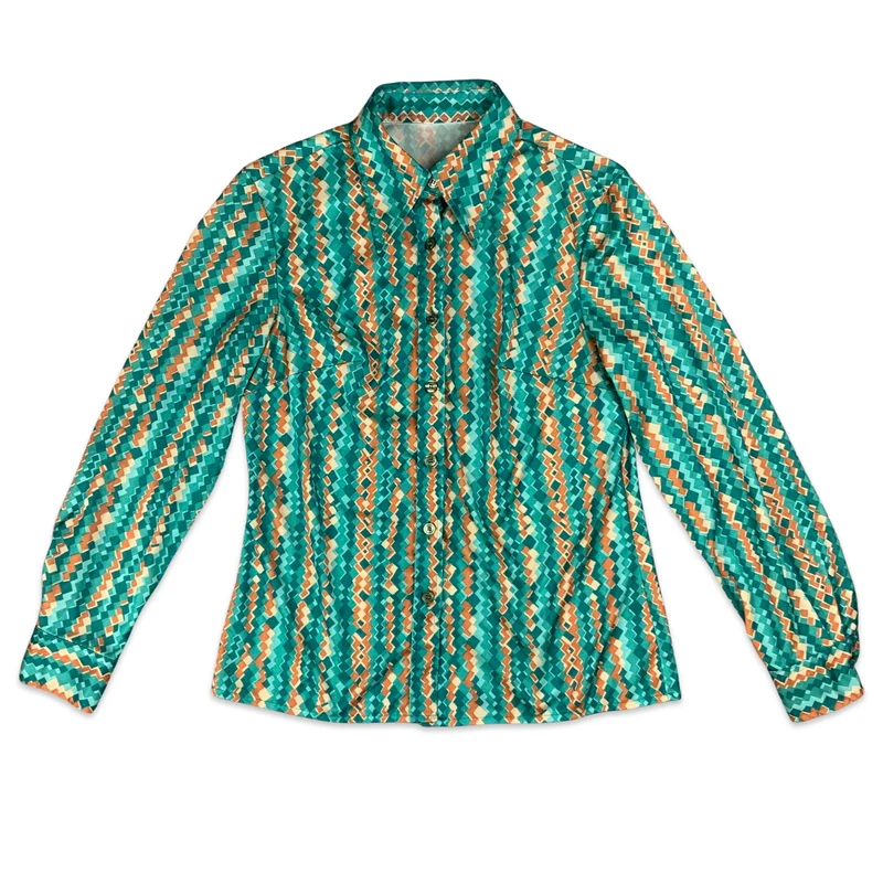 Vintage 80s Green & Orange Floral Patterned Blouse 8 10