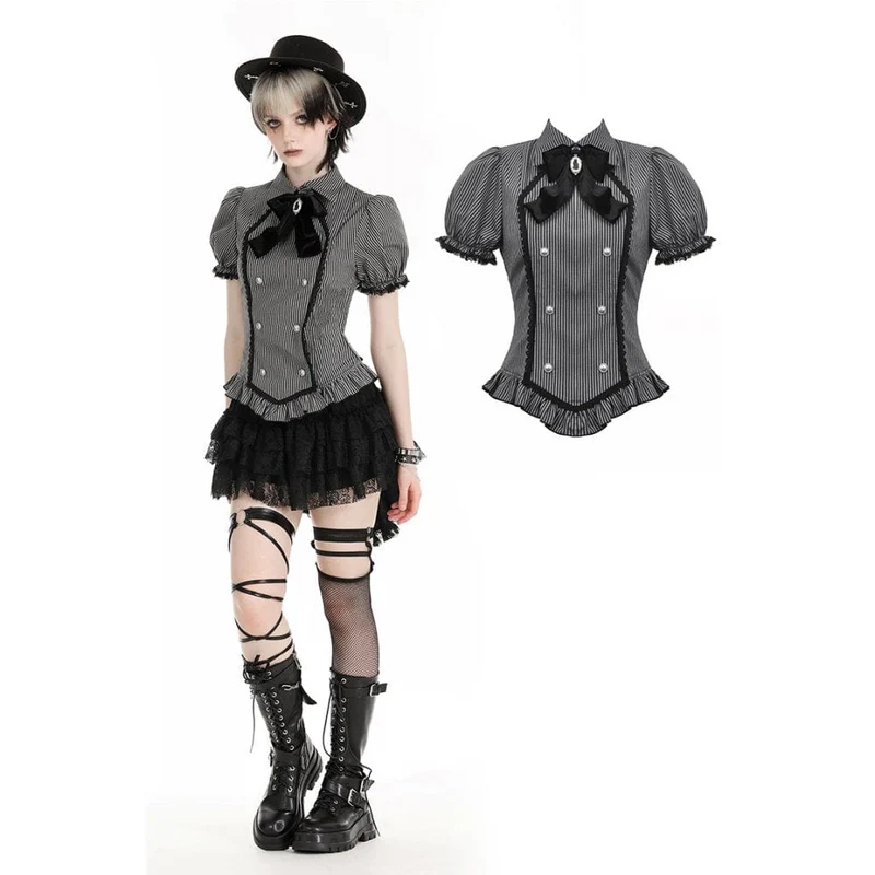 Gothic puffärmad randig skjorta för kvinnor