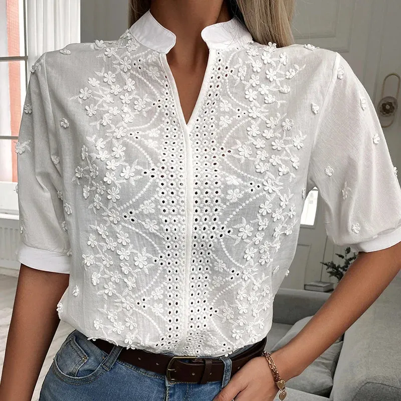 Dam V-ringad Blommig Broderad Blus