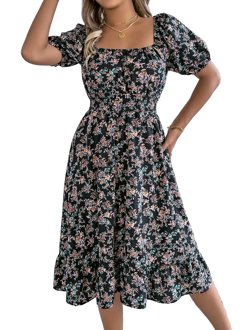 Kvinnors A-line Klänning med Blommig Design
