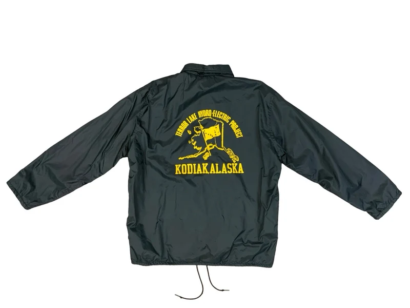 Vtg 70s Black USA Pla-Jac Kodiac Alaska Hydro Electric Project Nylon Jacket XL